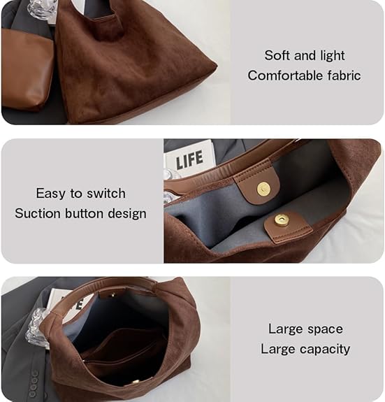 Womens Brown Suede Tote Bag Hobo Bags for women Retro Shoulder Satchel Bag Fashion Purse Vintage Top HandBag