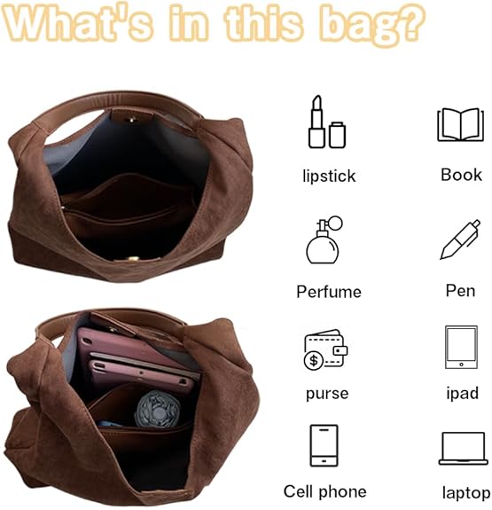 Womens Brown Suede Tote Bag Hobo Bags for women Retro Shoulder Satchel Bag Fashion Purse Vintage Top HandBag