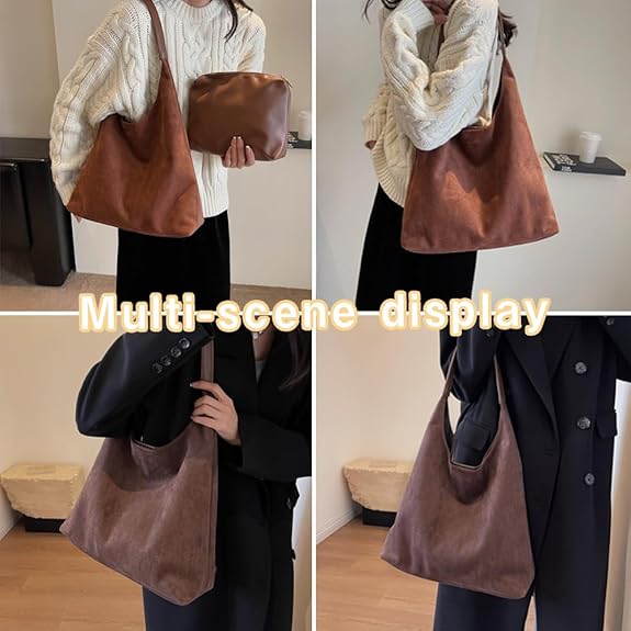 Womens Brown Suede Tote Bag Hobo Bags for women Retro Shoulder Satchel Bag Fashion Purse Vintage Top HandBag